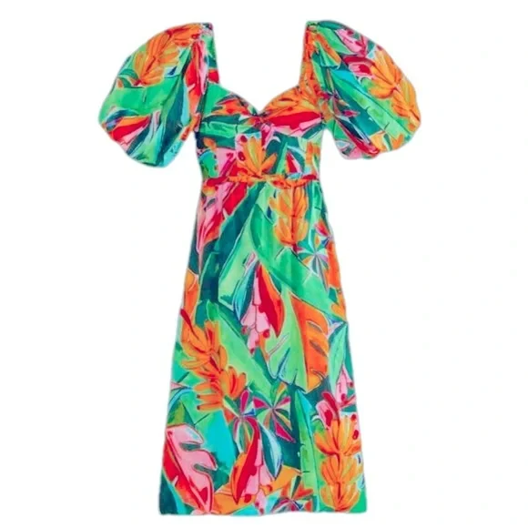 Farm Rio Banana Foliage Multicolor Puff Sleeve Dress L - Picture 4 of 5